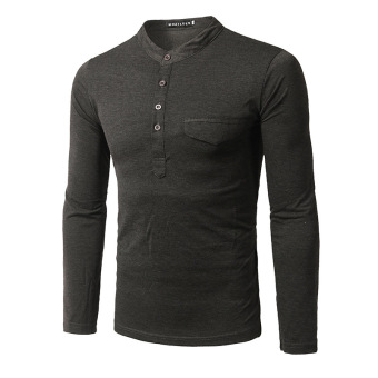 New men's slim long sleeved T shirt stand collar fashion pocket clamshell design t-shirt (dark grey)-intl - intl  