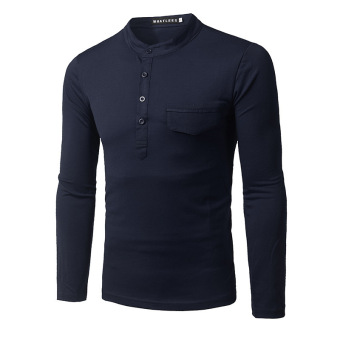 New men's slim long sleeved T shirt stand collar fashion pocket clamshell design t-shirt (navy blue) -intl - intl  