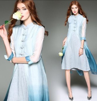 New pring Summer Women Vintage Dress Fashion New Retro Chinese Style Solid Color Cheongsam Silk Dress(blue) - intl  