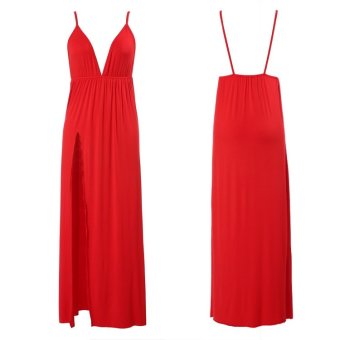 New Stylish Women's Sleeveless Sexy Deep V-Neck Spaghetti Strap Backless Slit Long Dress - intl  