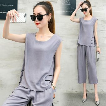 New Summer 2PCS Top Pants Suits Sleeveless Sequined Casual Tops Costumes?gray? - intl  