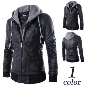 New winter European and American style Slim Hooded leave two men's leather motorcycle jacket?Black? - intl  