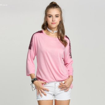 New Women Batwing Sleeve Blouse Sequined Decor Solid Loose Casual Leisure Tops (Pink) - intl  