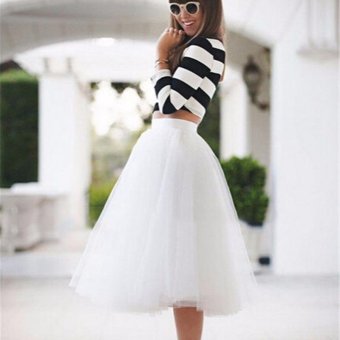 New Women Chiffon Tulle Skirt High waist Midi Knee Length ChiffonFemale Skirts plus size S-3XL( White) - intl  