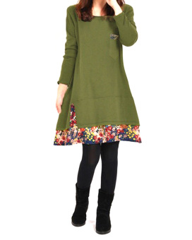 New Women Fashion Floral Hem Loose Casual Round Neck Long Sleeve Cotton Dress Green  