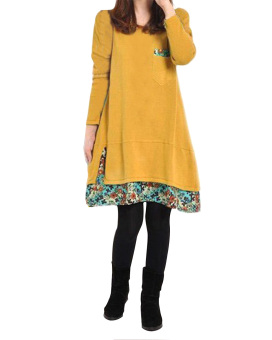New Women Fashion Floral Hem Loose Casual Round Neck Long Sleeve Cotton Dress Yellow  
