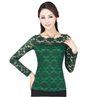 New Women Fashion Lace Crochet Blouse Long-sleeved Lace Tops Plus Size M-5XL Green - intl  