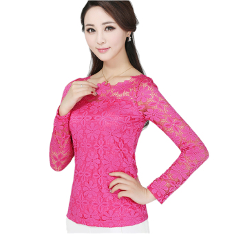 New Women Fashion Lace Crochet Blouse Long-sleeved Lace Tops Plus Size M-5XL Rose Red - intl  