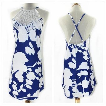 New Women Halter Hollow Lace Printed Hip Slim Lady's Sling Dress/Skirt C276 Blue - intl  