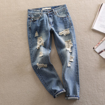 New Women Holes Ripped Jeans Fashion Straight Middle Waist Loose Vintage Casual Ladies Pencil Denim Pants Jeans 26-30 - intl  