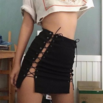 New Women Sexy Bodycon Bandage Skirt Lace Up Rivet Pencil Skirt Mini Dress Hollow Out Knitted Skirts Black FZ181 - intl  