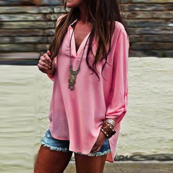 Newest Women Retro Blouses 2016 Ladies Fashion Sexy Blusas V Neck Long Roll Up Sleeves Solid Casual Loose Chiffon Shirts Pink  