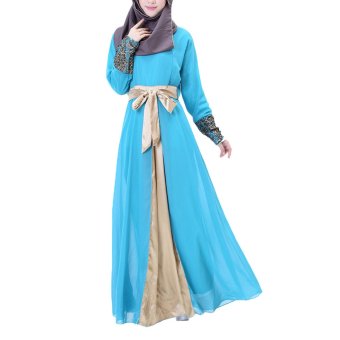 Niyatree Muslim Church Chiffon Lace Sleeve Waist-Strap Muslimah Women Dress - Blue  