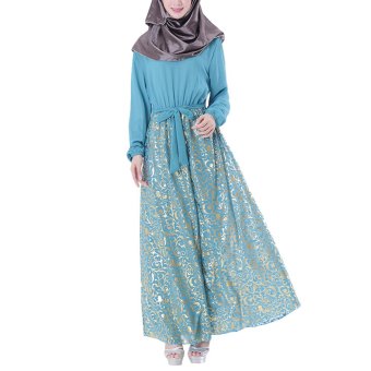 Niyatree Muslim Church Long Sleeve Bronzing Skirt Muslimah Maxi Women Long Dress - Blue  