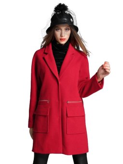 Notched Collar Pockets Chic Coat Red  