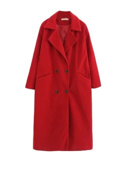 Notched Collar Solid Double Breasted Thicken Coat Red  