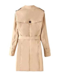 Notched Collar Solid Double Breasted Trench Coat With Sash Khaki  