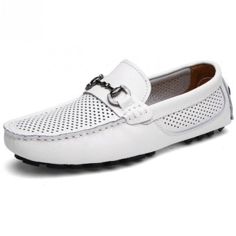 PATHFINDER Men's Leather Loafer Driving Shoe with Horsebit (White)  