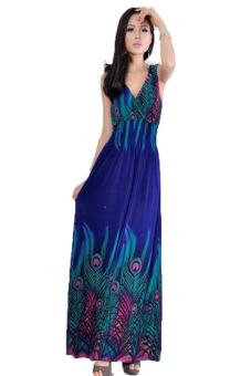 Peacock Tail Bohemia Maxi Dress Blue (EXPORT)  