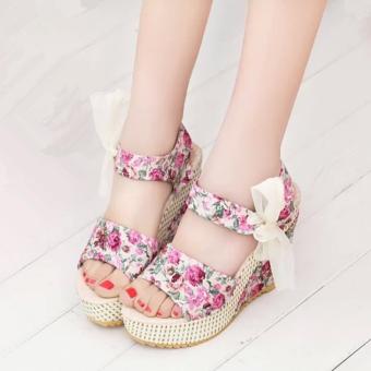 (Pink) Bohemia Flower pattern sandals Summer Womens Sweet High Heel Wedge Platform Sandals Bowknot Ankle Shoes - intl  