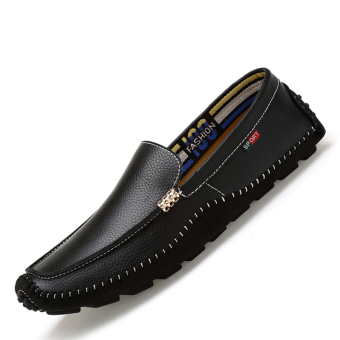 PINSV Genuine Leather Men's Handmade Casual Loafers Slip-On (Black)  