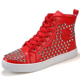 PINSV Rivets Men's Big Size Casual Sneakers High Cut Shoes (Red)  