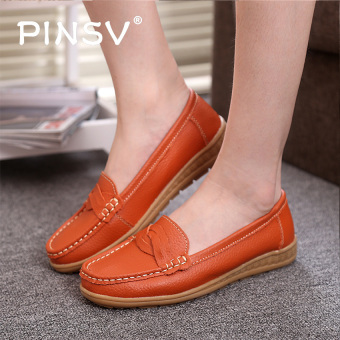 PINSV Women Leather Shoes Slip-on Moccasin Mom Shoes Anti-skid Loafers (Orange) - intl  