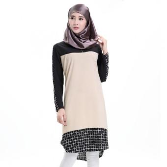 Plaid Splicing Zipper Decor Muslim Midi Dress (Tan)  