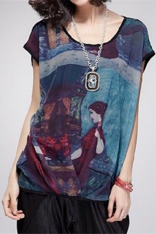 Plus Size M-4XL New Blouse 2015 Female Retro Print Chiffon Loose Short-sleeved Shirt Was Thin Women Casual Tops  