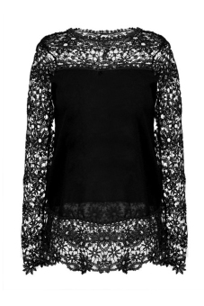 Plus Size Women's Chiffon Lace Crochet Hollow Out Long Sleeve Shirt Blouse Black L  