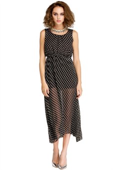 Polka Dots Print Women Chiffon Midi Causal Dress Sleeveless Female Summer Clothing (Black)  