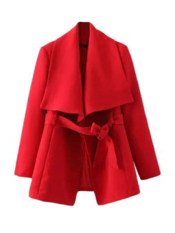 Polo Neck Solid Color Fashion Coat with Sash Red  