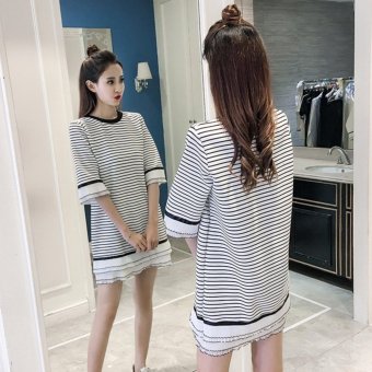 Pregnant Women Casual Loose Chiffon Dress Summer Seven-point Sleeve Maternity Pleated Skirt Black White Stripe - intl  