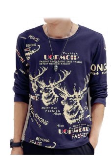 Printing Deer Leisurely Long T-shirt (Navy Blue)  