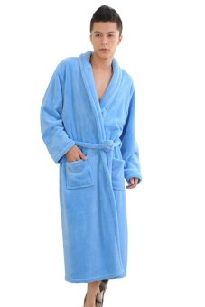 Promithi Unisex Warm Sweet Lapel Collar 2 Pockets Waistband Flannel Nightgown Bathrobe(Blue)  