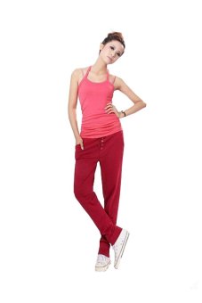 Promithi Women's spring and autumn Korean Version Leisure Loose Plus Size Harem Pants Red  