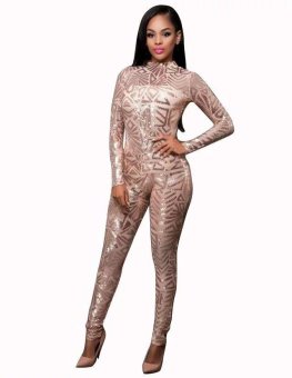 Relaxlama Women's New Sequins Long Sleeve High Neck Long Trousers Jumpsuit Playsuit Night Wear Romper Champagne N272 - intl  