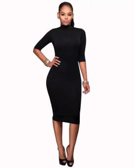 Relexlama Women's New Midi Dress Bandage Half Sleeve Knee Length Clubwear Cocktail Party Bodycon Dresses Black N285 - intl  