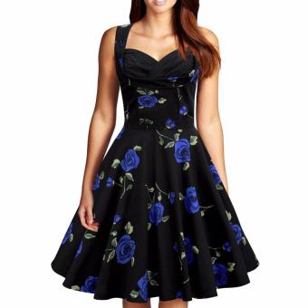 Retro Red Rose skirt collar short sleeved dress OL wind(Blue) - intl  