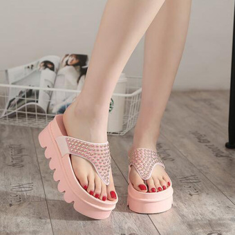 Rhinestone Sequins Women Slippers Casual Heavy-bottomed Non-slip Beach Sandals (Pink)  