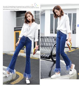 Roselady Spring New High Waist Super Stretch Jeans Fashion Ankle Length Tassel Design Straight Jealous Jeans?blue? - intl  