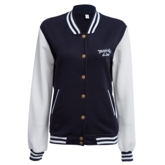 Round Collar Long Sleeve Color Block Baseball Cardigan Coat for Ladies(PURPLISH BLUE)(Size:2XL)(Int:S) - intl  