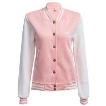 Round Collar Long Sleeve Color Block Baseball Cardigan Coat for Ladies(SHALLOW PINK)(Size:2XL)(Int:S) - intl  