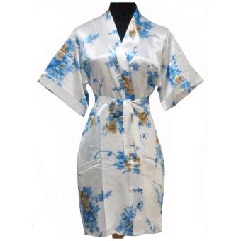 Sanny Apparel D 017 Kimono Satin Setelan - Putih Bunga Biru  