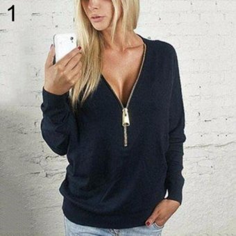 Sanwood Women Deep V Zip T-Shirt Long Sleeve Tops Pullover Sweatshirt Jumper Jacket Coat XXL (Black) - intl  