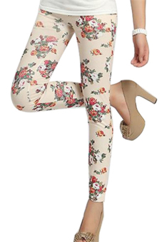 Sanwood Women mawar Flower print legging elastisitas tipis krem -  