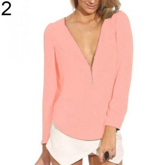 Sanwood Women's Fashion Casual V Neck Long Sleeve Zipper Sexy Tops Chiffon Blouses L (Pink) - intl  