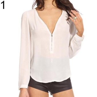 Sanwood Women's Fashion Casual V Neck Long Sleeve Zipper Sexy Tops Chiffon Blouses XL (White) - intl  