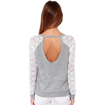 Sanwood Women's Long Sleeve Sexy Lace T-Shirt Backless Embroidery Knitted Tops Pullover S (Grey) - intl  