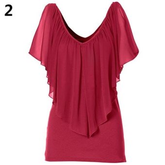 Sanwood Women's Sexy V Neck T-shirt Short Sleeve Chiffon Patchwork Casual Tops L (Red) - intl  